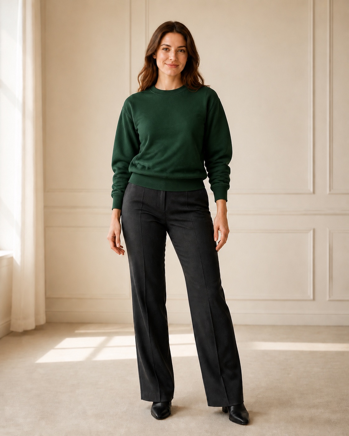 Virtual try-on result showing the shopper in the selected forest-green crewneck